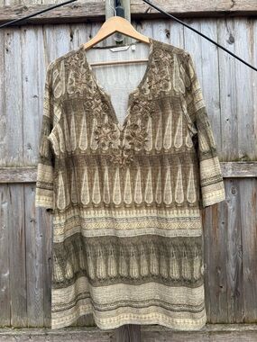 Soft Surroundings Linen Blend Tunic with Beaded Yoke Artsy Bohemian Lagenlook
